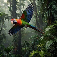 a close up of a parrot flying surrounded by lush green vibrant rainforest, photorealistic, misty and atmospheric