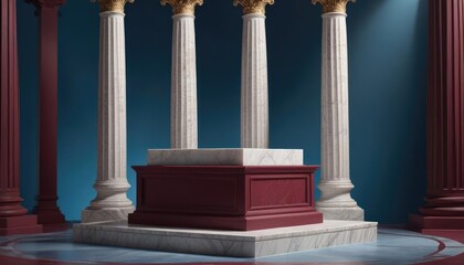 Naklejka premium Background podium column 3d roman luxury greek white ancient display product classic. Podium platform background column pillar stage minimal stand beauty design Greece render scene plant cosmetic Rome