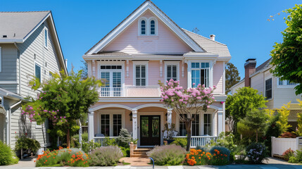 Fototapeta premium Idyllic Pink House with Garden. Architecture Exterior with Windows. Residential Building (one family). Real Estate. Suburban Residence. 
