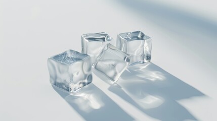 Close-up view of three refreshing ice cubes isolated on a white background, ready to enhance beverages