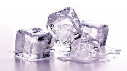 Obraz premium Close-up view of three crystal-clear ice cubes isolated on a white background, ready to chill your drinks