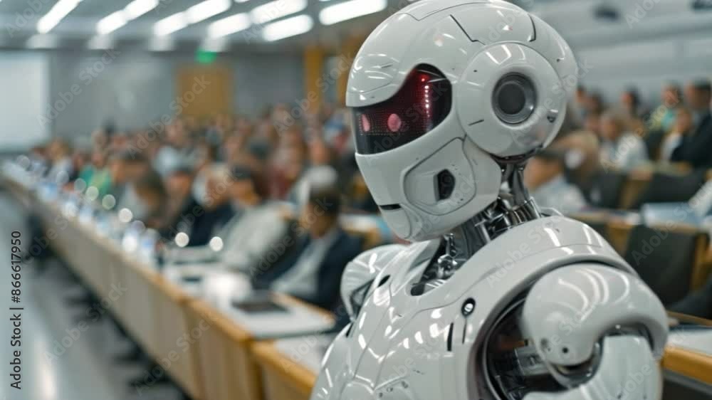 Aufkleber a white humanoid robot with red eyes stands in front of a blurred audience in a conference room.