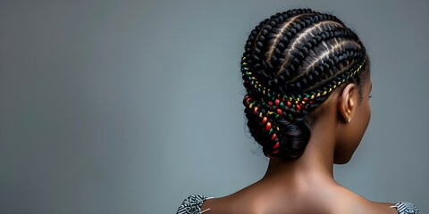 Celebrating Cultural Beauty African Woman Showcasing Traditional Cornrow Hairstyle on Grey Background. Concept Cultural Identity, Traditional Hairstyle, African Beauty, Portraiture, Grey Background