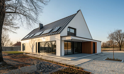 Modern House with Garden (Holland, Belgium style). Architecture Exterior with Windows. Residential Building (one family). Real Estate. Suburban Residence.   
