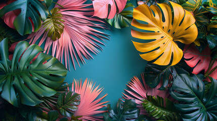 Naklejka premium Tropical Palm leaves. Summer exotic frame blue background with place for text