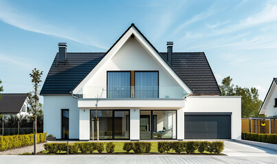Two Story Modern House with Garden. Architecture Exterior with Windows. Residential Building (one family). Real Estate. Suburban Residence. Germany / Poland style