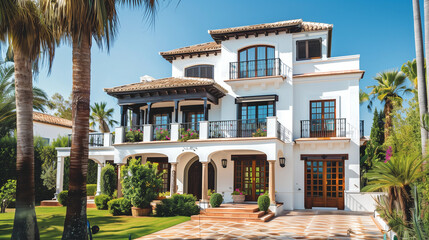 Fototapeta premium Monterey style Modern House with Garden. Architecture Exterior with Windows. Residential Building (one family). Real Estate. Suburban Residence. 