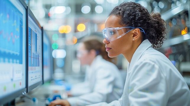 A scientist in a lab coat and safety glasses intently studies data displayed on a computer monitor