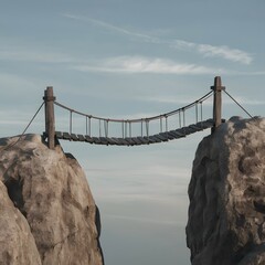 Wooden suspension bridge spans rock formations under calm sky For Social Media Post Size