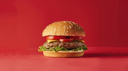 Huge hamburger showcasing its impressive height against a vibrant red backdrop, perfect for burger enthusiasts