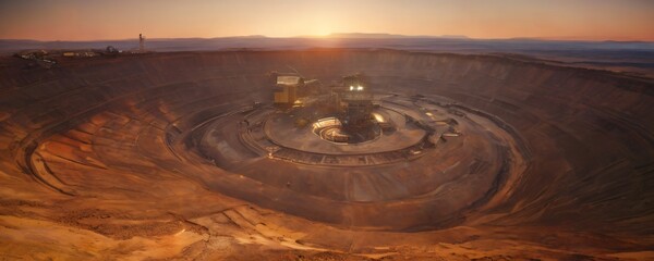 Big goldmine with sunset in background. Extremely detailed and realistic high resolution illustration