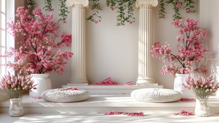 Background podium column 3d roman luxury greek white ancient display product classic. Podium platform background column pillar stage minimal stand beauty design Greece render scene plant cosmetic Rome