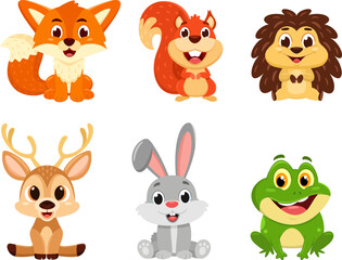 Naklejka premium Woodland Animals Cartoon Characters. Vector Flat Design Collection Set Isolated On Transparent Background