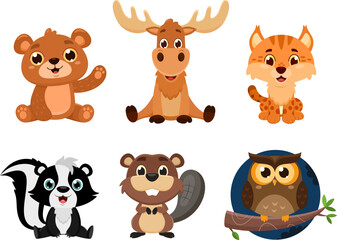 Woodland Animals Cartoon Characters. Vector Flat Design Collection Set Isolated On Transparent Background