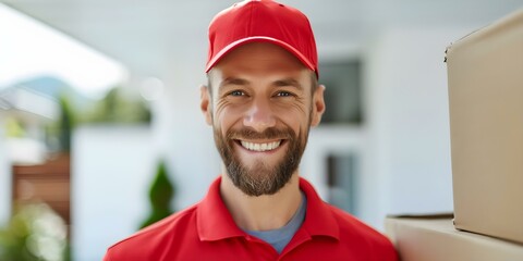 Smiling delivery man in red cap uniform delivering package to customers home. Concept Delivery Service, Red Cap Uniform, Package Delivery, Happy Customer, Home Delivery