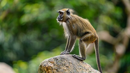 realistic animal photography of white monkey standing on a rock mountain