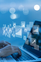 Businesswoman using laptop in data management.with networking  ,vertical