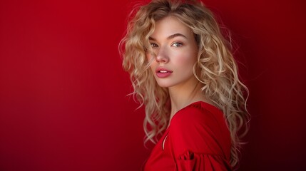 Fototapeta premium Elegant blonde woman with wavy hair in red outfit posing against a vibrant red background. Fashionable and stylish portrait. Ideal for fashion magazines and advertising. Close-up shot. AI