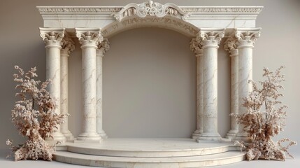 Naklejka premium Background podium column 3d roman luxury greek white ancient display product classic. Podium platform background column pillar stage minimal stand beauty design Greece render scene plant cosmetic Rome