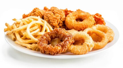 Plate of crispy onion rings, golden fries, chicken nuggets, and fried chicken, isolated on a white background for appetizing visuals