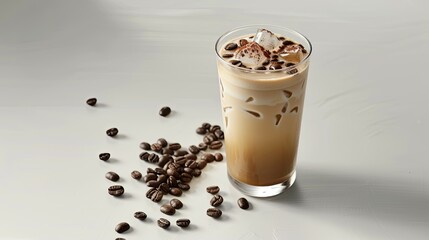 Refreshing latte ice coffee served with coffee beans on a minimalist white background