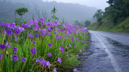 Obraz premium Purple flowers flourish naturally along the roadside in the rainy season