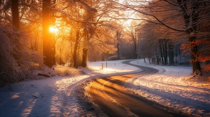 Scenic view of a winding winter road in a sunlit park, showcasing the peacefulness of the season