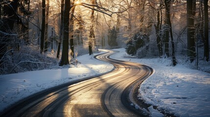 Scenic view of a winding winter road in a sunlit park, showcasing the peacefulness of the season