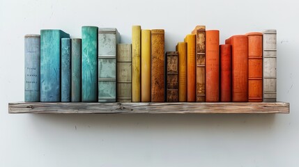 Naklejka premium A Row of Colorful Books on a Wooden Shelf Against a...