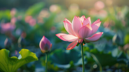 Obraz premium Beautiful pink lotus flower blooming in a pond with sunlight. Concept of purity, serenity, and zen.