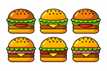 Six hamburgers with different toppings on white background