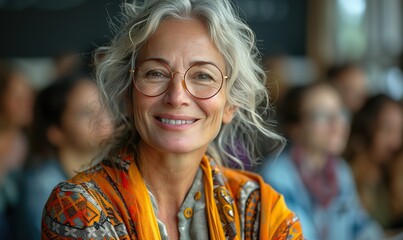 Mature mentor coaches interns at professional workshop, teacher laughs with students.