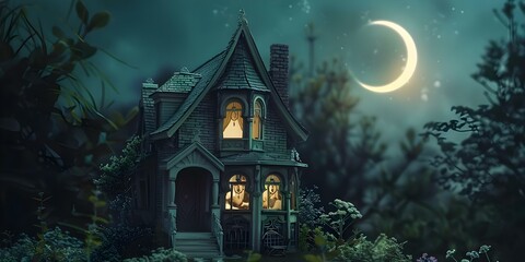 Creepy Book Cover Old Victorian Dollhouse Under Crescent Moon in Spooky Garden. Concept Creepy, Book Cover, Old Victorian Dollhouse, Crescent Moon, Spooky Garden