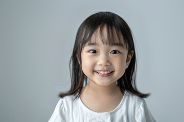 A happy little Asian girl dressed in a white t-shirt, smiling warmly at the camera. Her clean and simple look, combined with her joyful demeanor, makes this photo ideal for advertisements,