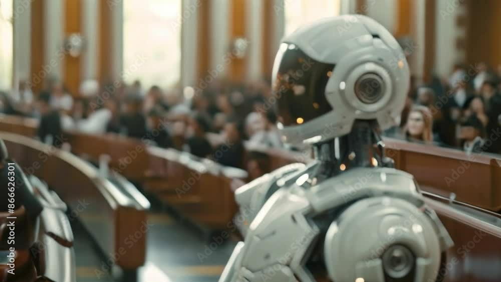 Poster A white robot stands in a conference hall with a blurred background of an audience. The robots head is turned to the side, with its visor glowing faintly.