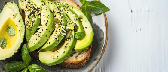 Delicious avocado toast garnished with seeds and fresh basil on a rustic plate, perfect healthy breakfast or snack idea.