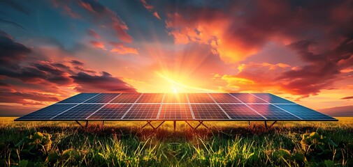 Solar panels in a vibrant sunset landscape, showcasing renewable energy and sustainable power solutions in the modern era.