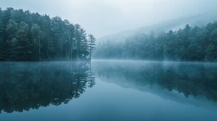 Ethereal mist blankets the lake, trees mirrored in its calm waters, evoking a sense of tranquility and natural beauty