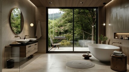 Experience the epitome of modern elegance with a 3D visualization of a bathroom featuring a panoramic window, blending style and comfort