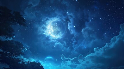 Serene night sky with a full moon glowing amidst the stars and clouds, creating a peaceful and magical atmosphere.