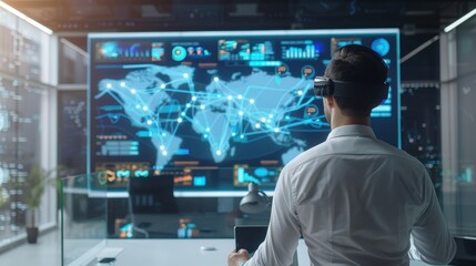Obraz premium Man presenting market trends with augmented reality, bright and futuristic office