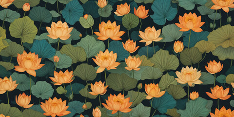 Fototapeta premium Vibrant floral pattern with large orange and yellow lotus flowers, green leaves, and a dark background,21:9