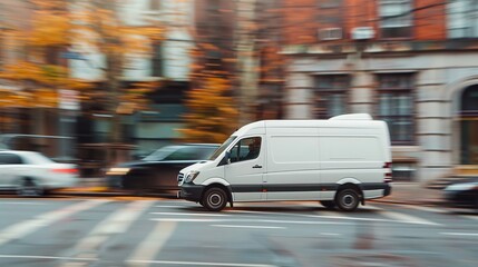 White delivery van driving through city streets at speed. Autumn background with colorful leaves. Urban transportation and logistics. Horizontal shot with motion blur effect. AI
