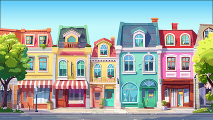 Fototapeta premium Shop Street Village Shopping Area Cartoon Background Storefronts Cityscape District Urban Marketplace Town Square Market Scene Storefront Commercial Area Street Boutique Buildings