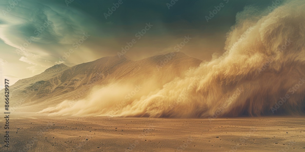 Wall mural sandstorm sweeping across a desert landscape under a dramatic sky