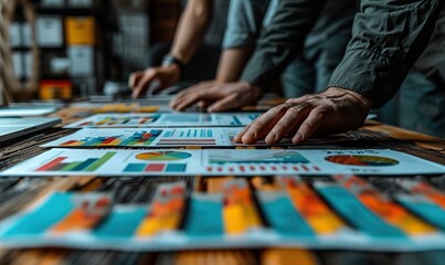 Fototapeta premium Business team collaboration: analyzing financial data and growth report; brainstorming and planning strategy.