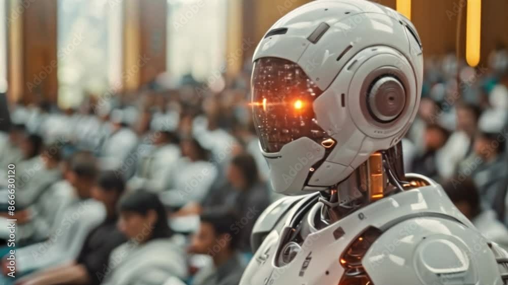 Aufkleber a white humanoid robot stands in front of a blurred audience, its head turned slightly, as if delive
