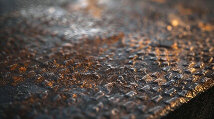 A close-up of a piece of metal with a textured surface, highlighting the industrial and metallic aesthetics.