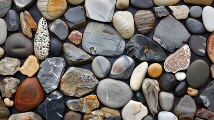 A collection of different-sized and textured stones arranged in a random pattern.