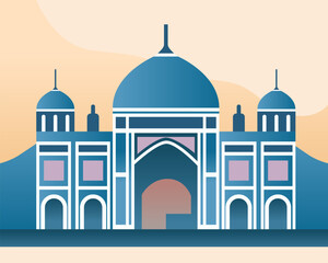 Blue mosque building with domes and arches against a peach and blue background